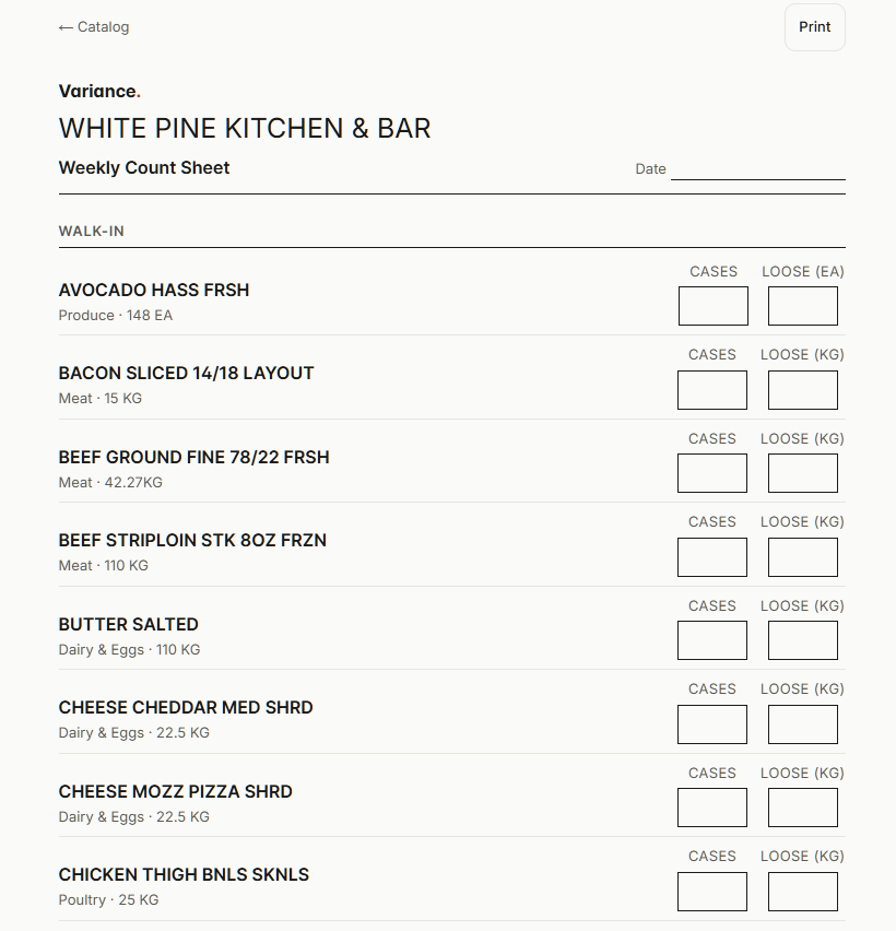 Printable count sheet with food items and spaces for cases and loose quantities — demo kitchen.